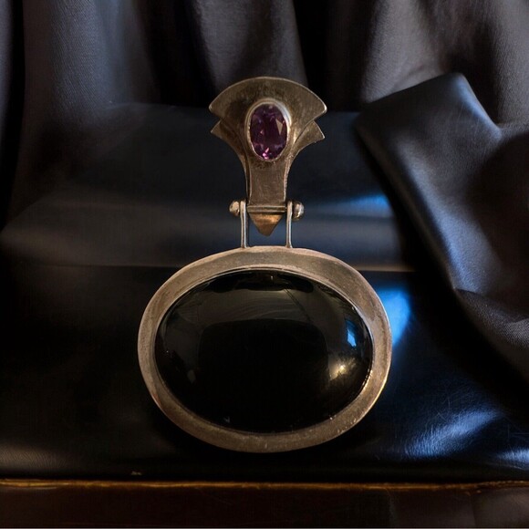 VTG PIP 925 sterling & large oval shape amethyst/Onyx pendant On Reverse chain - Picture 4 of 7